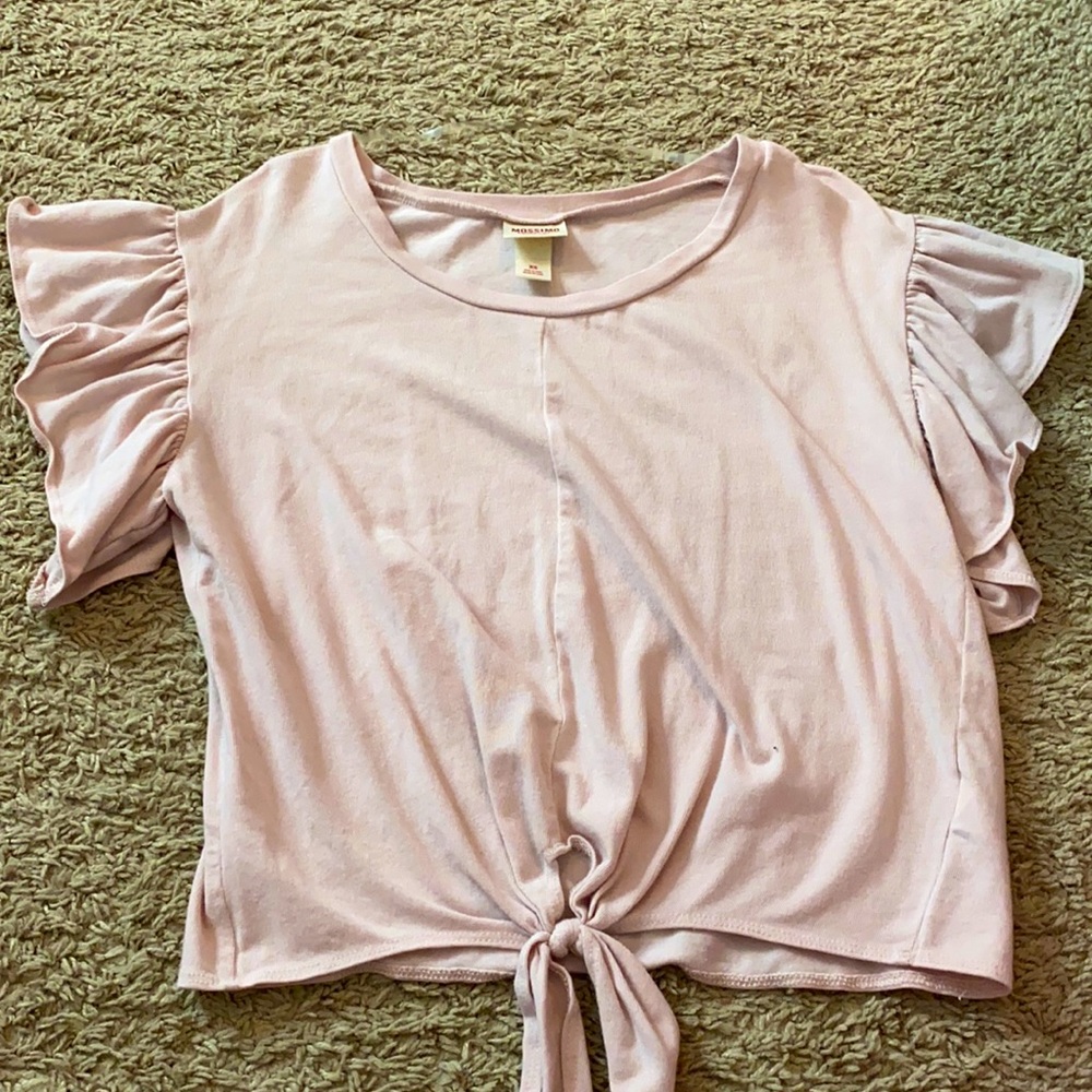 Super cute ruffle sleeves and tie at bottom.